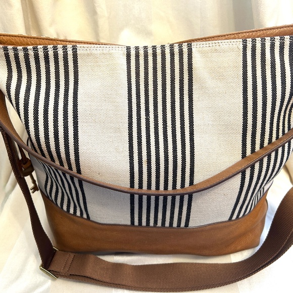 ππ» Fossil Maya Tote Shoulder Bag Leather and Canvas - Picture 8 of 14